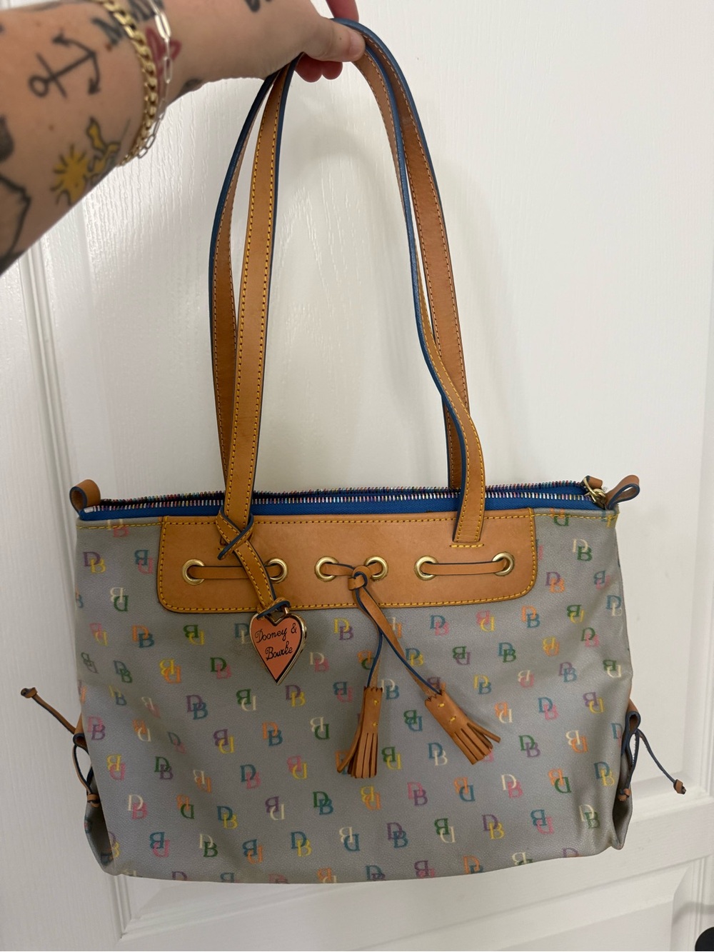 Vintage Dooney & Bourke Rainbow Monogram Purse Satchel Leather Tassel Tote